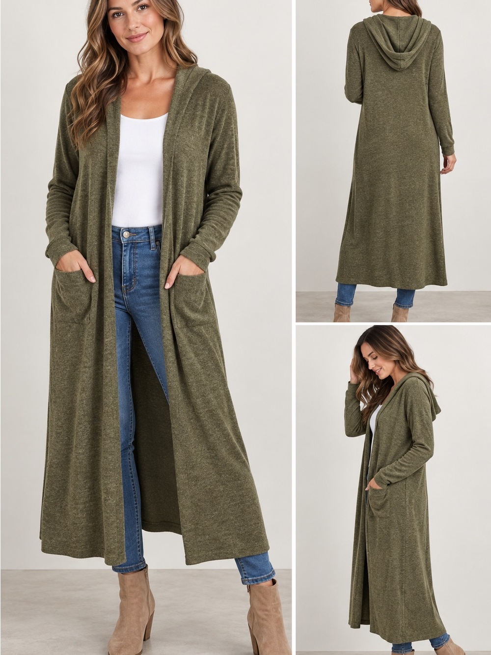Max & Mia Olive Green Hooded Long Cardigan Sweater XL Open Front Pockets
